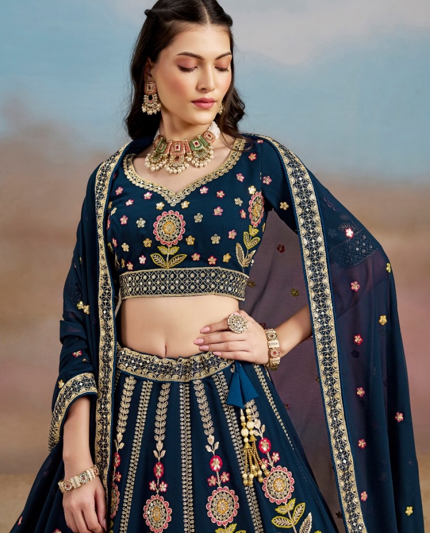 6008-BLUE - Stunning blue Thread Work Georgette Engagement Wear Lehenga With Blouse